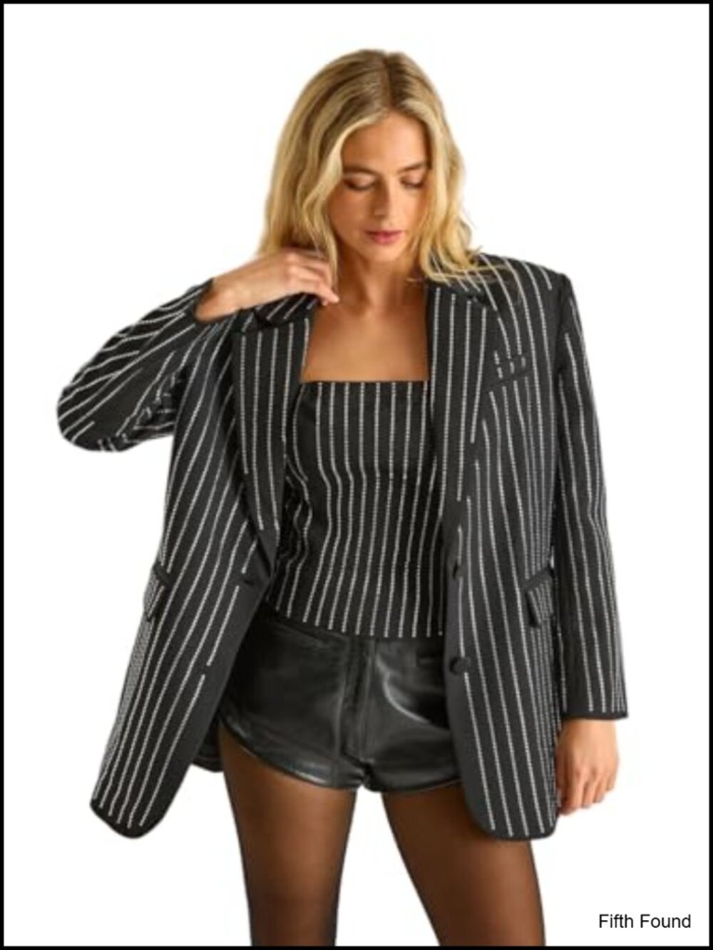 Oversized Diamante Pinstripe Blazer Long Sleeve Notch Collar Single Button